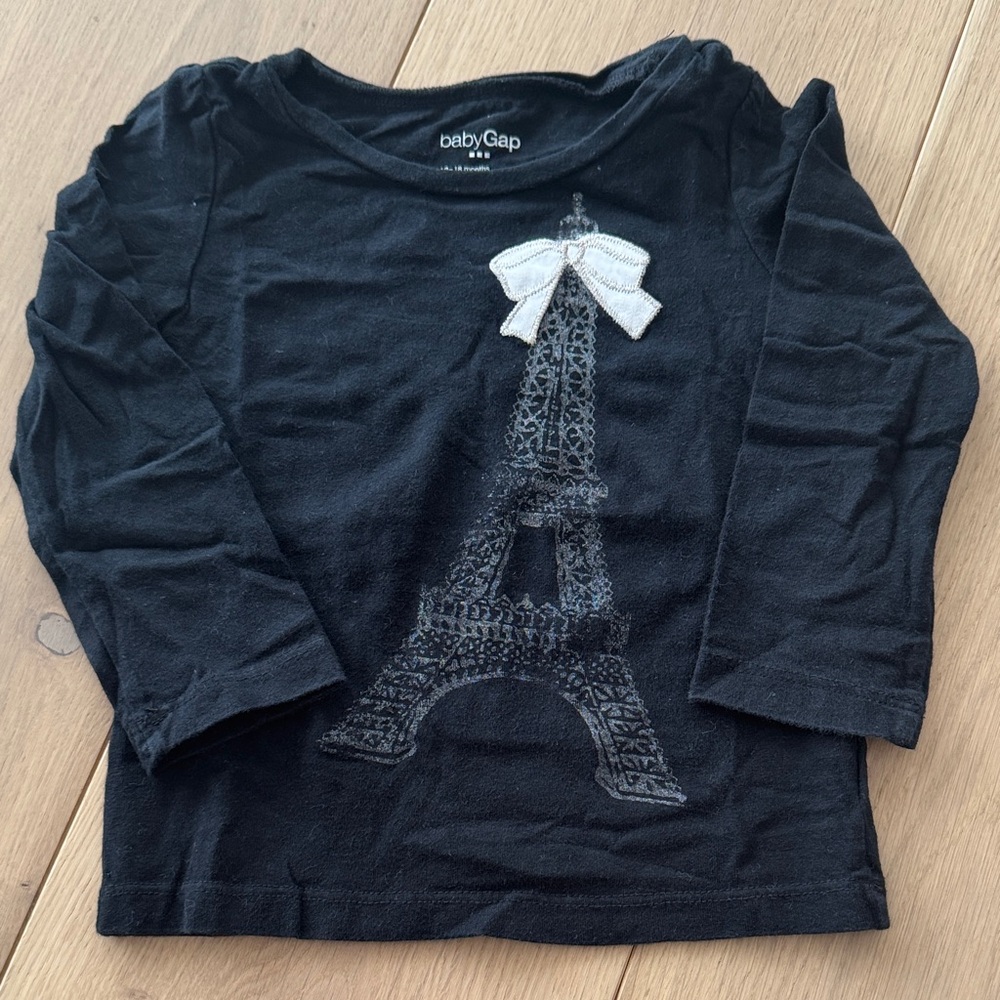 GAP Black Long-Sleeve Tee with White Bow Eiffel Tower - 12/18 months